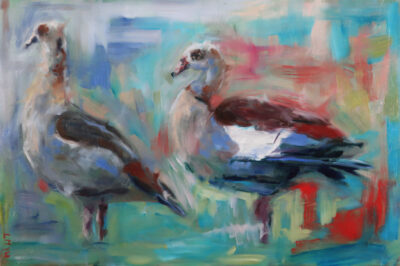 A colorful painting of two Egyptian geese against an abstract background.