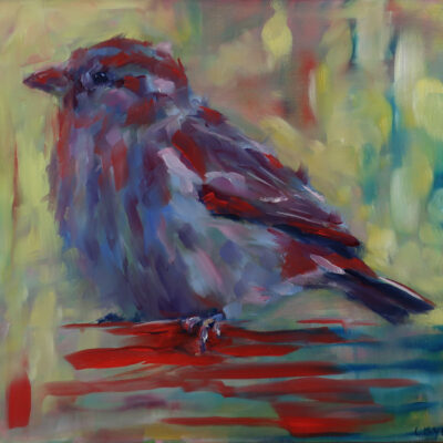 A colorful sparrow painted in bold red, yellow, and blue tones, abstract brush strokes giving it a lively feel.