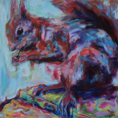 A richly colored oil painting of a squirrel eating, with bold reds, blues, and purples forming a lively and abstract composition.