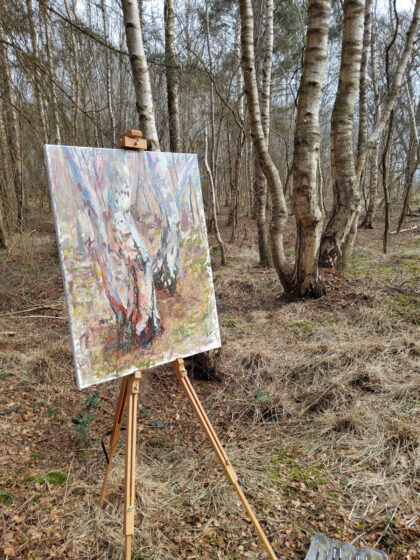 Plein air painting of birch tree show on the location where it has been painted.