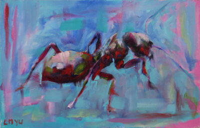 A close-up of an ant, depicted in red and green tones against a soft blue and pink background, with abstract brushwork.