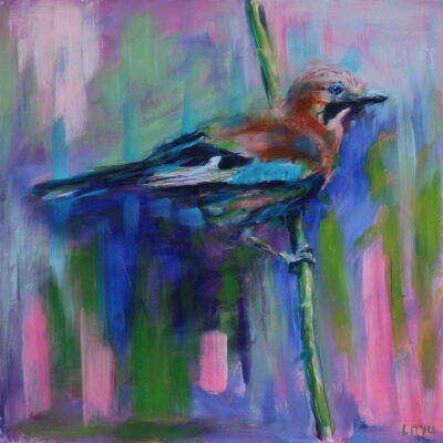 A detailed oil painting of a jay perched on a branch, with vivid blue and brown feathers, against a soft pink and green abstract backdrop.