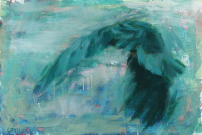 A crow soaring through the air, painted in green and blue tones.