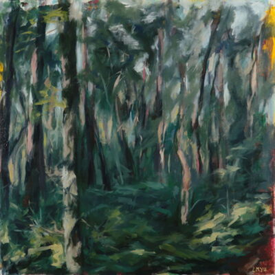 Dense forest scene with towering trees, painted in deep greens.