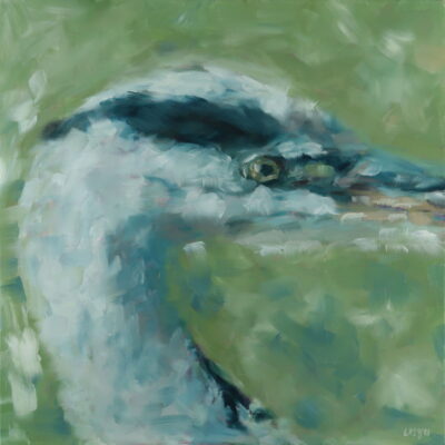 A close-up of a great blue heron’s eye, painted in soft green and blue tones.