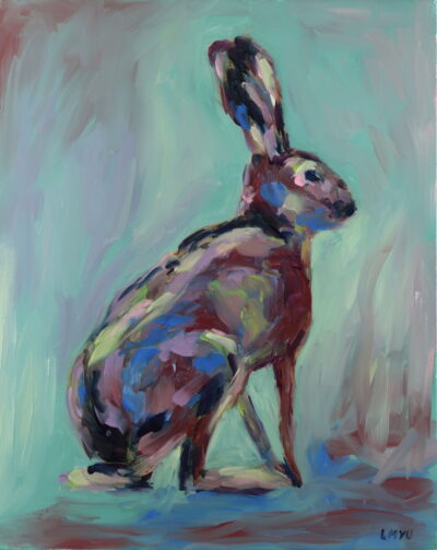 Hare sitting upright, painted with soft brushstrokes in vibrant colors.