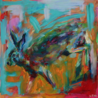 A dynamic, multicolored depiction of a hare mid-leap, featuring bold strokes of turquoise, orange, and red in an abstract style.