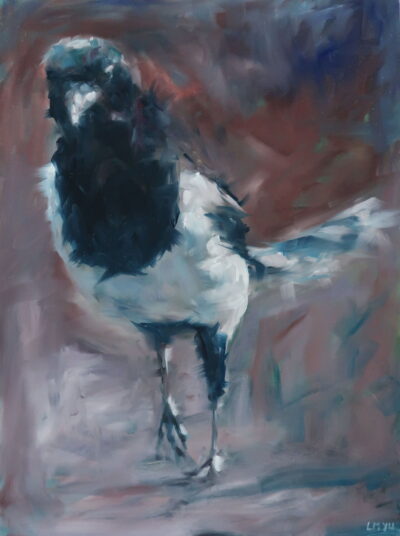 A magpie standing tall, painted with expressive black and white strokes against a textured background.