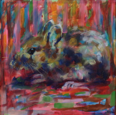 Vibrant depiction of a mouse, painted in abstract strokes of red, blue, and green, with soft textures adding to the whimsical feel.