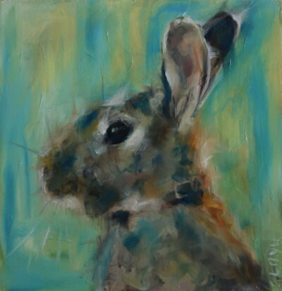 A vibrant portrayal of a rabbit, rendered in soft greens and blues, with an abstract yet expressive style. The background adds to the ethereal feel.