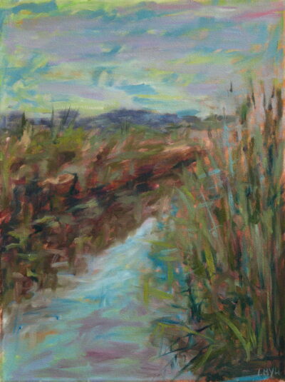 Een vredig tafereel aan de oever van het Aldjip, met zachte, impressionistische penseelstreken die hoge grassen, aardetinten en een serene blauwe lucht weerspiegeld in het water verbeelden.
