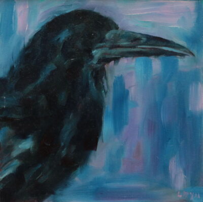 Close-up of a rook, dark plumage against a muted blue and purple backdrop, with expressive brushwork.