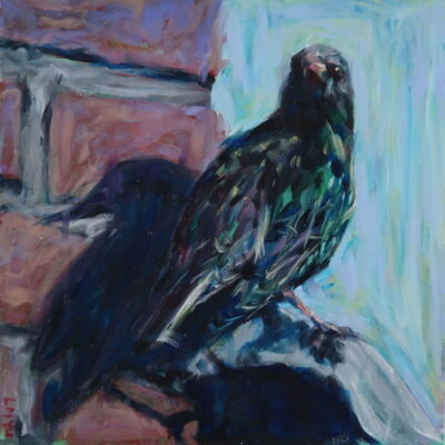 A striking painting of a starling perched in front of a colorful backdrop.