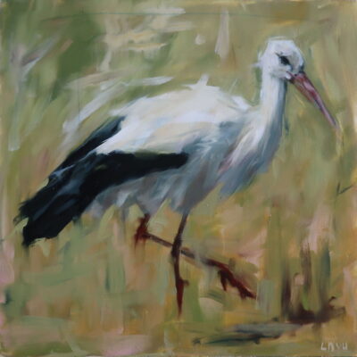 A white stork walking through grassy fields, with subtle green and beige tones, capturing the elegance of the bird in a painterly style, oil on canvas.