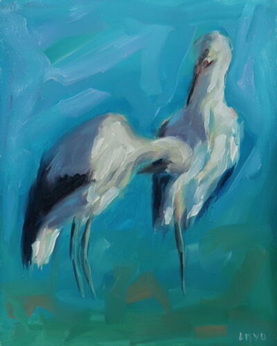 Two storks standing together, painted against a blue backdrop.