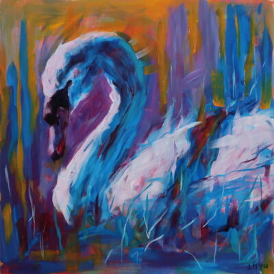 Vivid painting of a swan, featuring bold blues, purples, and oranges, creating a dynamic contrast in this oil piece.